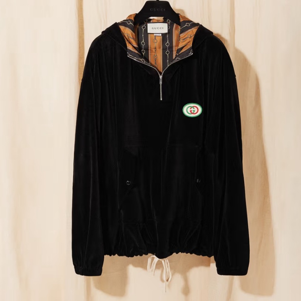 Authentic Gucci Black Chenille Hooded anorak half zip unisex size M preloved EUC